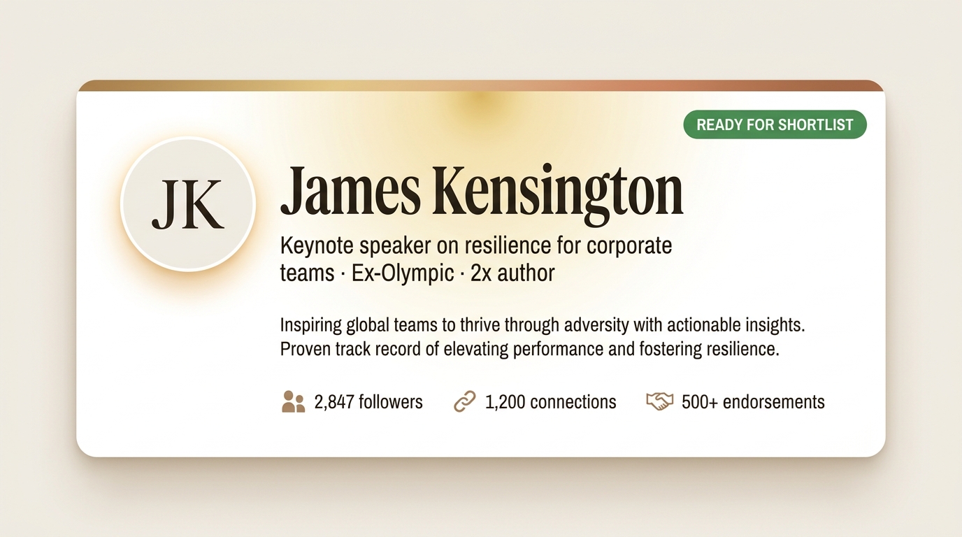 Optimized keynote speaker LinkedIn header card. James Kensington, keynote speaker on resilience for corporate teams. Ex-Olympic, 2x author. 2,847 followers, 1,200 connections, 500+ endorsements. Custom banner, specific headline, clear proof. Labeled READY FOR SHORTLIST.